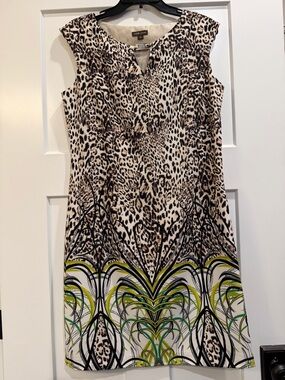 Voir Voir Leopard Print Midi Dress with Green and Yellow Accents Size 8 Like New